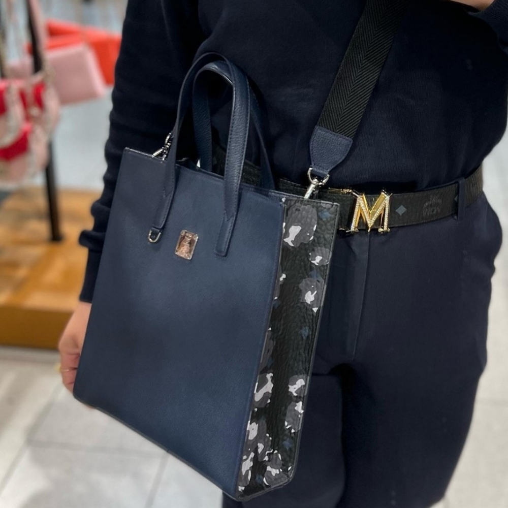 MCM Navy/Black Leather Messenger Tote Bag with Camo/Floral Print - Picture 3 of 17